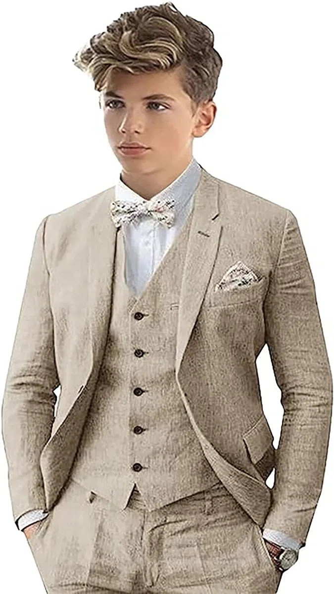 Traje de lino de 3 piezas para niño, con etiqueta de pico, ajuste delgado, traje de esmoquin de un solo pecho para boda, novio