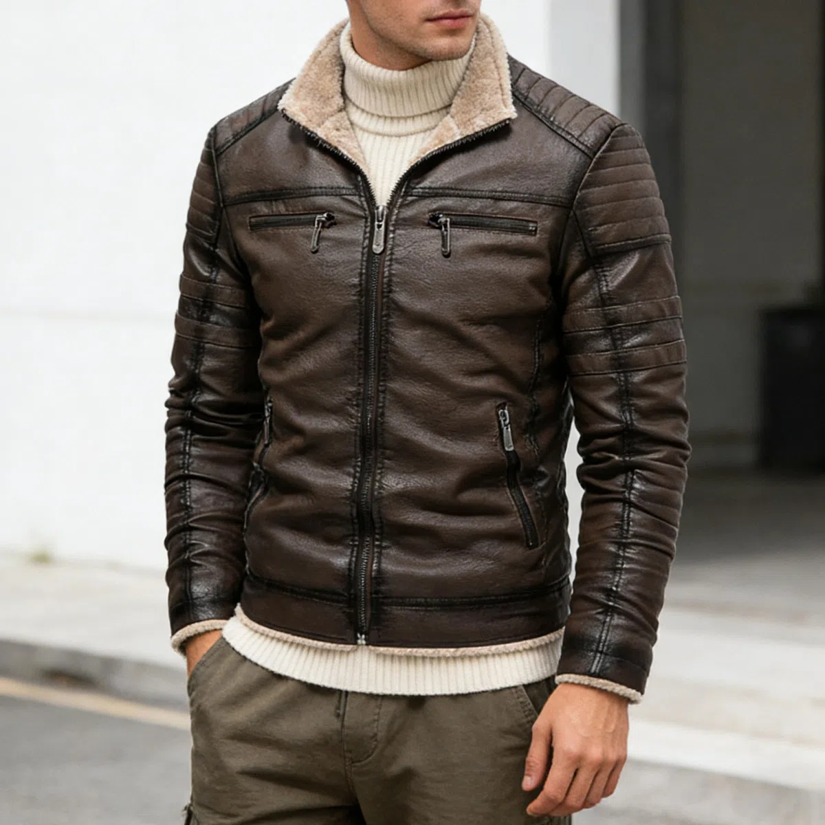 Chaqueta de motociclista de piel sintética para hombre, con cuello alto y forro polar, informal y cálida.