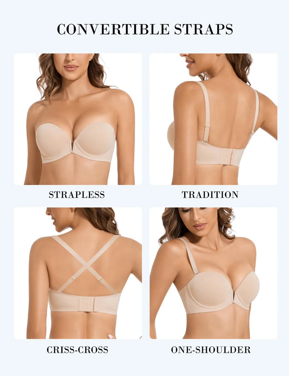 Upushall Brasier sin Tirantes con Push up, Antideslizante, Escote en V Profundo, con Aros para Mujer, súper Acolchado, añade 2 Copas