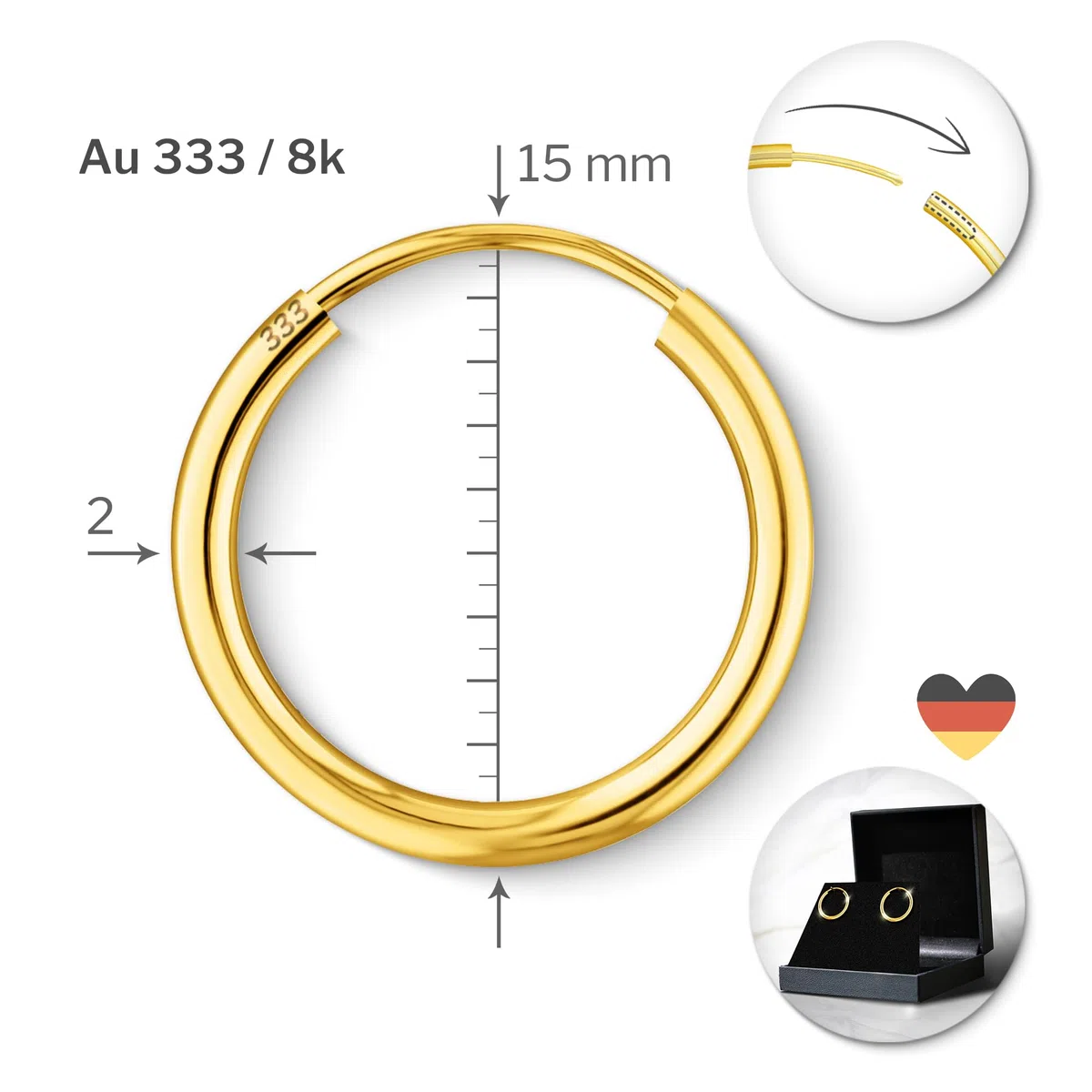 EDELIND Pendientes Aro Oro Amarillo 15 mm 8K 9K 14K 18K Mujer Niña 2 mm