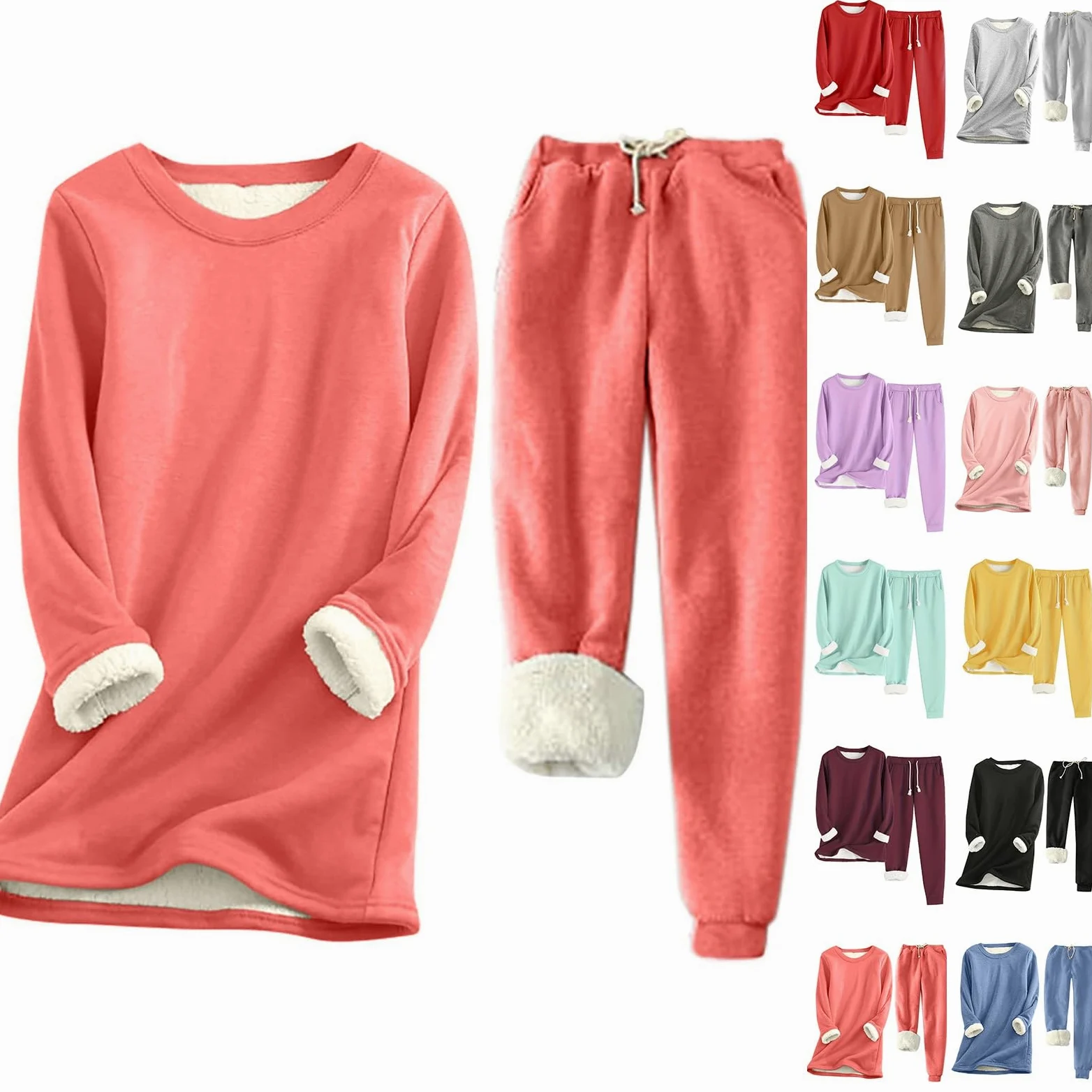 Conjunto de Pijama de Sudadera y Pantalones con Forro para Mujer para Calidez Invernal con Traje de Felpa Tops cómodos y Holgados Ropa de Estar por casa cálida de Invierno para Mujer