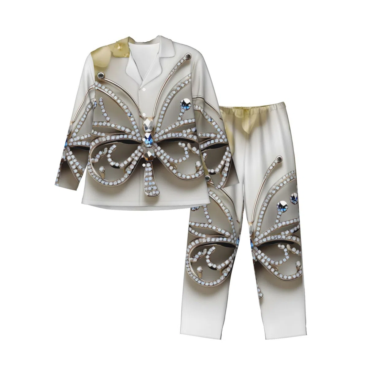 Conjunto de pijama de manga larga para hombre, diseño de mariposa y flores con diamantes de imitación, transpirable, cómodo