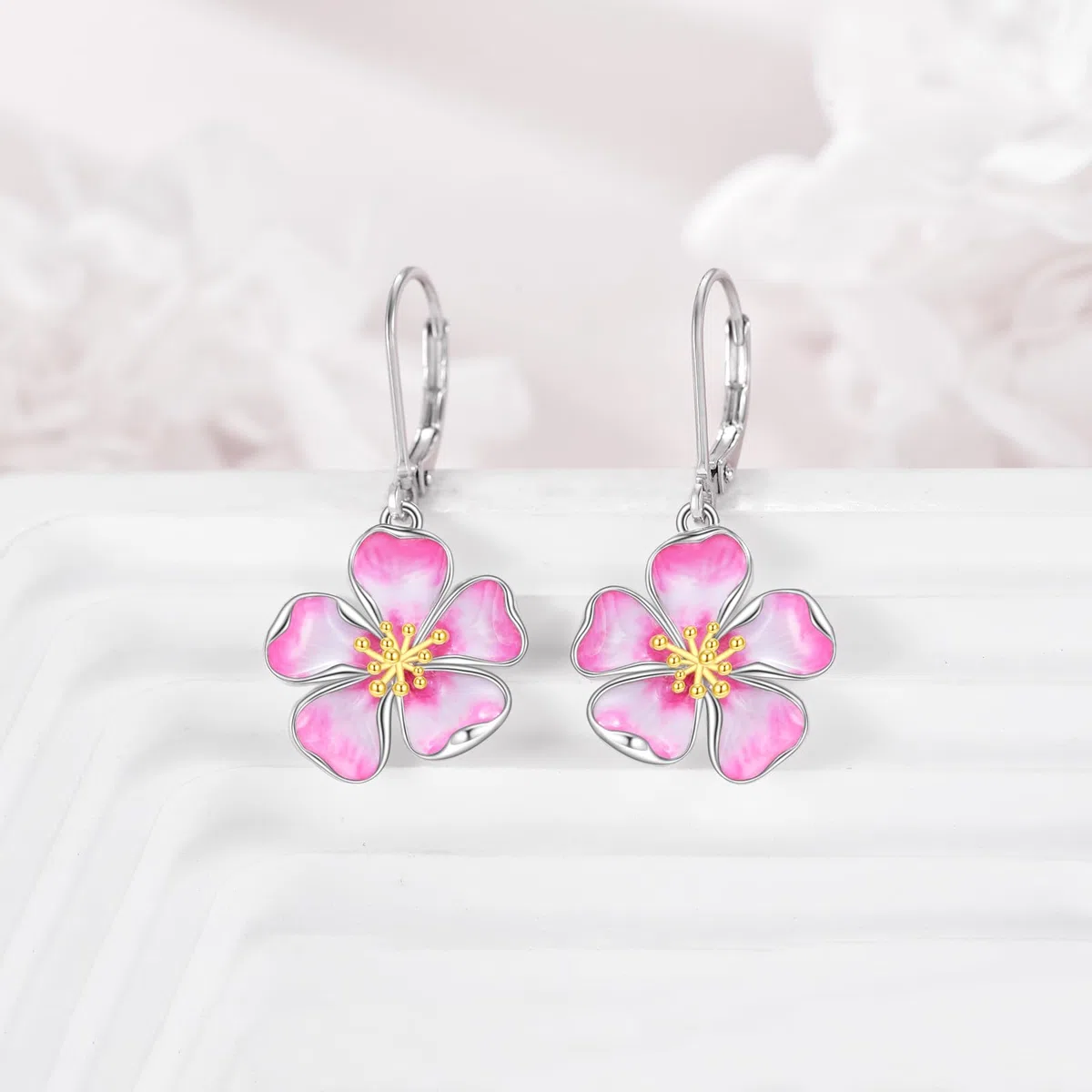 AXELUNA Pendientes de flor de cerezo para mujer, plata de ley, esmalte rosa, flor de cerezo, aretes colgantes de joyería para madre y esposa, Normal, Plata de ley, Sin piedra preciosa