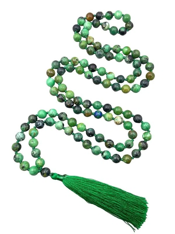 Mala de Variscita Natural AAA 10 mm, Collar Budista Tibetano de 108 Cuentas Anudadas con Borla para Meditación, Yoga y Oración