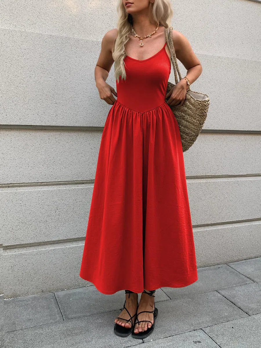 Mieazom Vestido largo sin mangas con cuello en V y bolsillos para mujer, corte entallado, casual, de verano, con tirantes delgados, para vacaciones