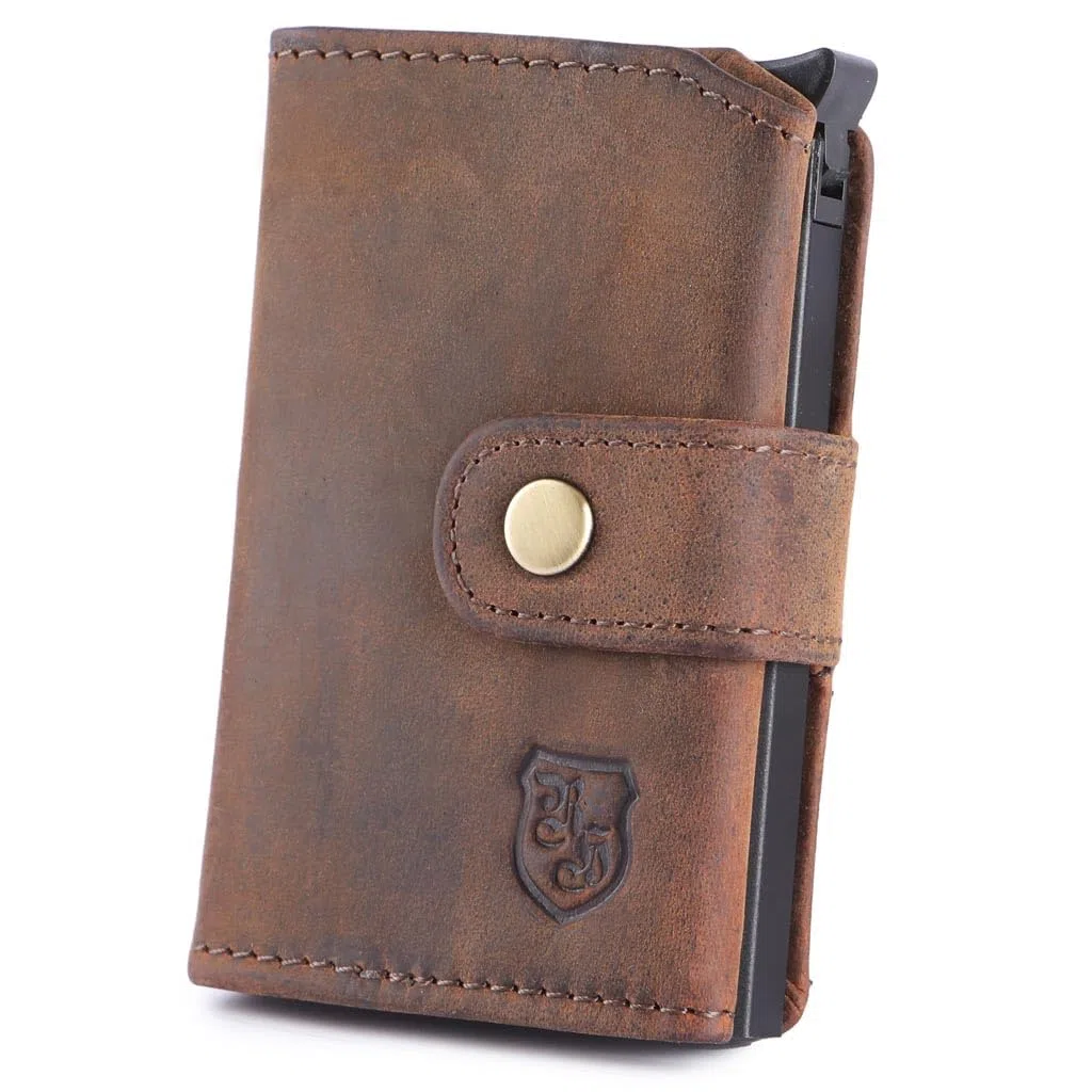 hodalump Tarjetero compacto con funda protectora de piel auténtica – Tarjetero para hombre y mujer – Clip para dinero con fundas para tarjetas, marrón, small, Vintage