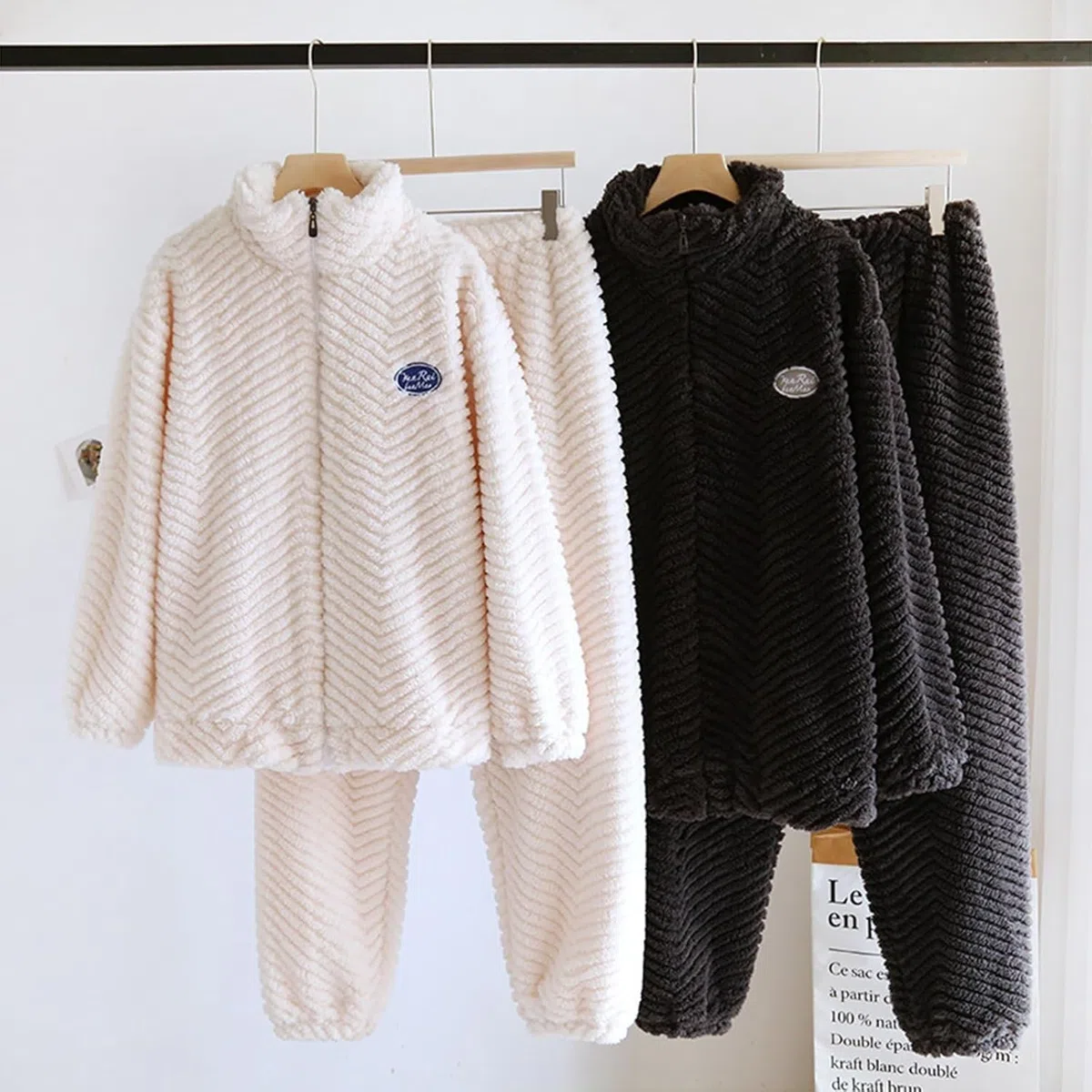 Conjunto de pijama para hombre, de forro polar, 2 piezas, con cremallera, para invierno, franela suave