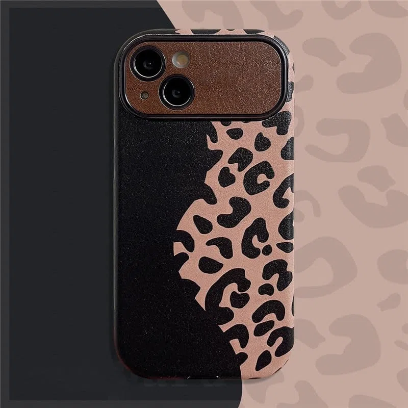 Funda Delgada para iPhone 15 Pro Max/15 Pro/15, Moda Leopardo Estampado Patrón Cuero Carcasa, Cámara Lente Protección Cubierta,Negro,15