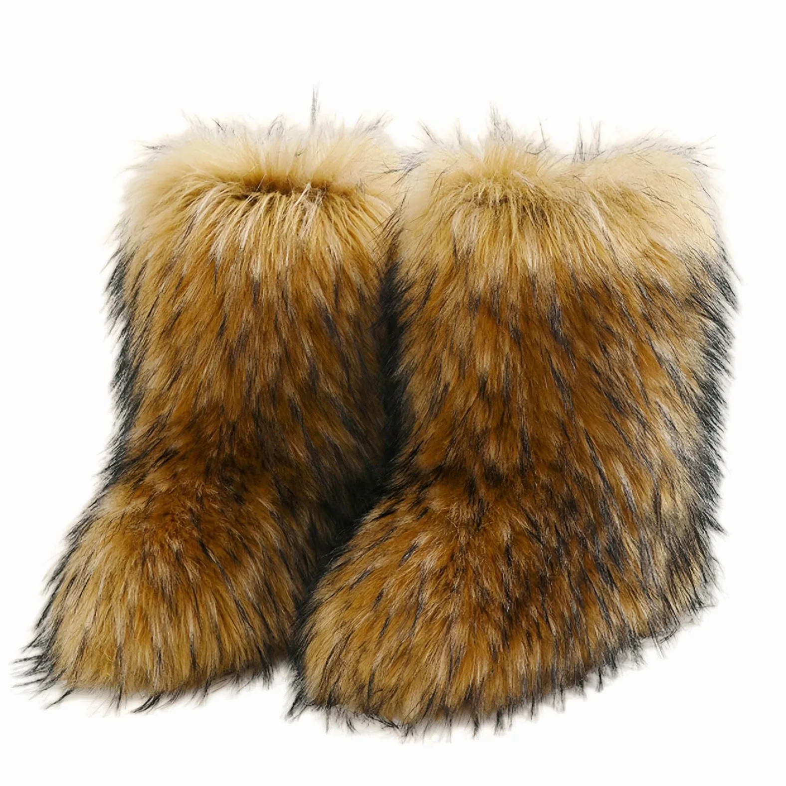 Furry Faux Fur Botas de nieve de invierno fuzzy zapatos peludos de las mujeres gamuza caliente medio ternera cómodas botas de moda planas al aire libre