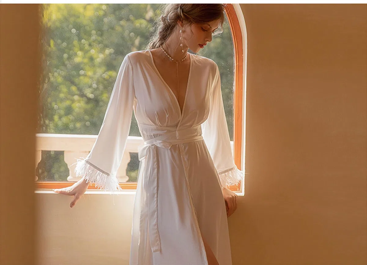 Ropa de Dormir para Mujer Kimono Largo Albornoz de satén Bata de Manga Larga Ropa de casa cómoda y Suelta