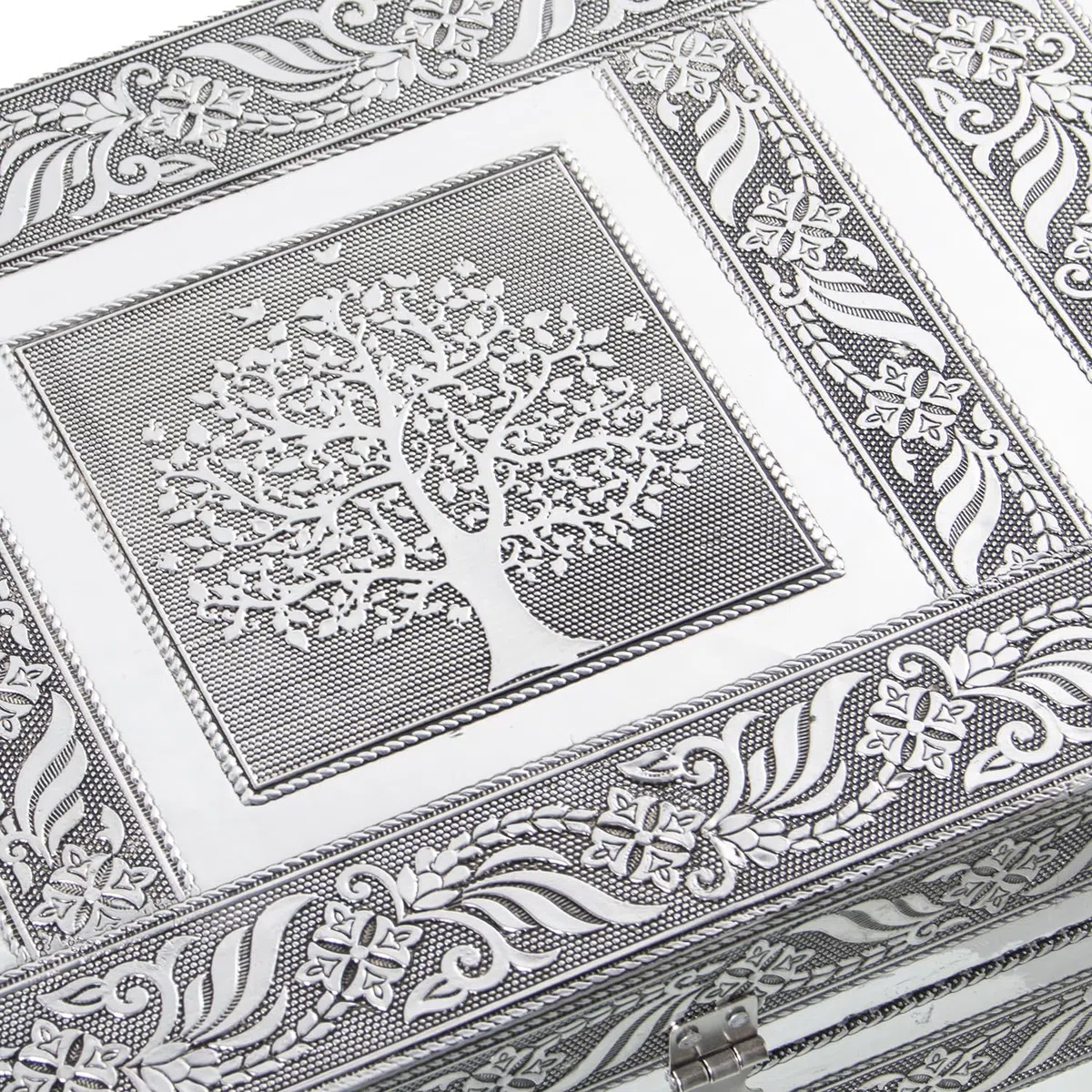 Joyero con Espejo de Metal arbol de la Vida en Plateado 20x38x8 cm