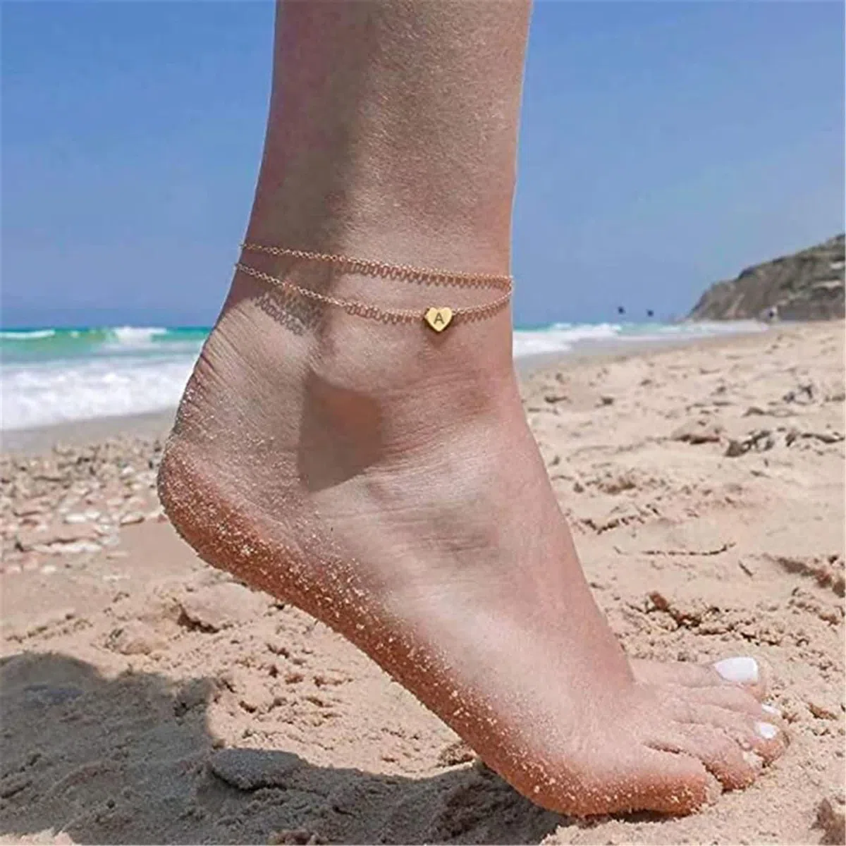 Tobillera de oro 18 K 750 Y2K, oro amarillo Au750, cadena doble con letras de corazón, tobillera para mujer, resistente al agua, verano, descalzo, playa, joyas para mujer