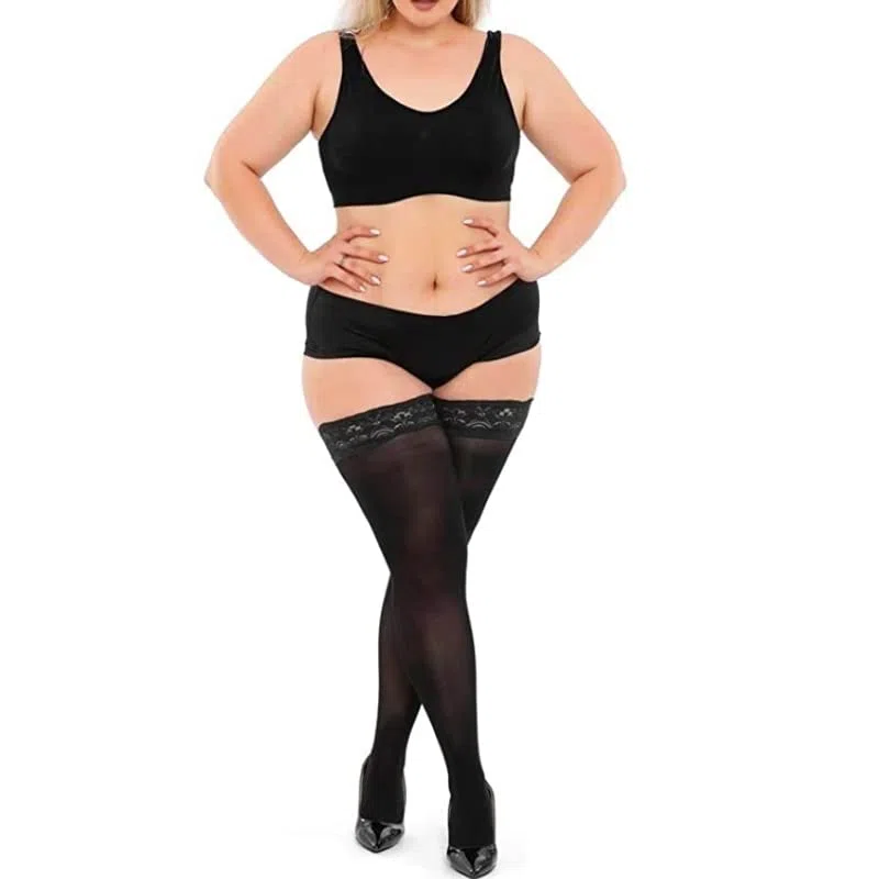 Medias de Talla Grande Lencería Medias de Mujer hasta el Muslo Encaje Rejilla Calcetines Grandes (Negro A) (Blanco