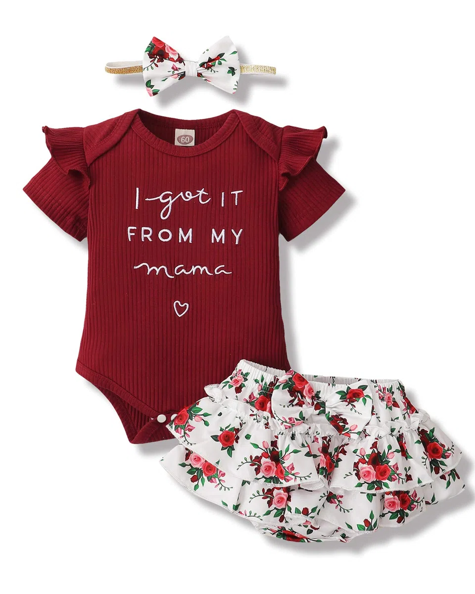 Conjunto de ropa para bebé recién nacido, conjunto de pantalones cortos, estampado floral, ropa de bebé linda para niña, WineRed, 3-6 meses