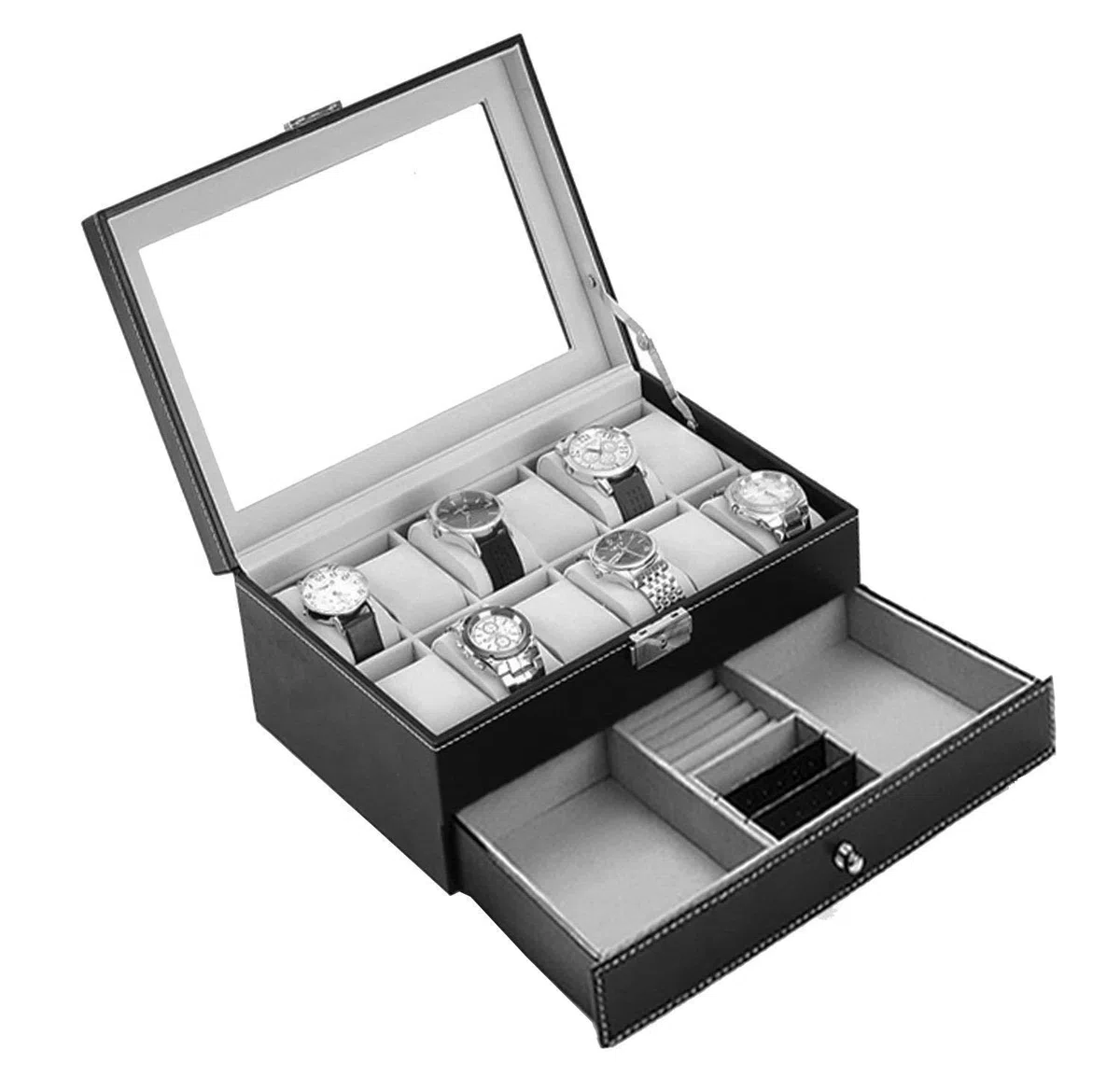 AUTOARK Caja para de relojes con 12 Compartimientos,Cajón joyería con cerradura,Cuero sintético,Tapa de Vidrio,Negro,AW-001