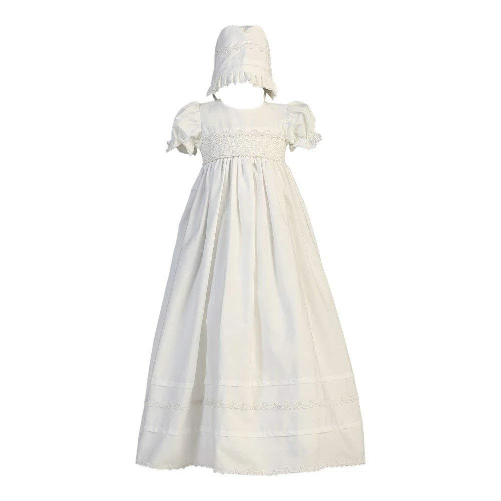 White Cotton Smocked Bodice Christening Baptism Gown - Size S (3-6 Month)