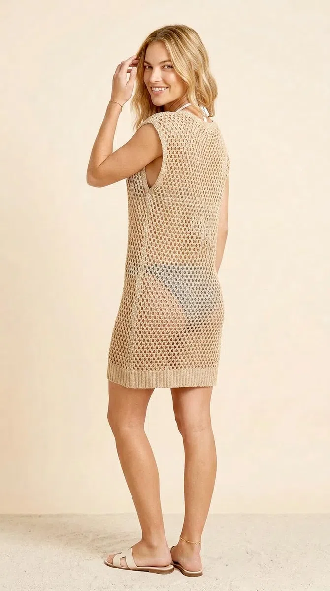 Cubretraje de playa para mujer; ligero y cómodo de algodón con costura de ganchillo - Pareo, túnica de playa - Made in Italy