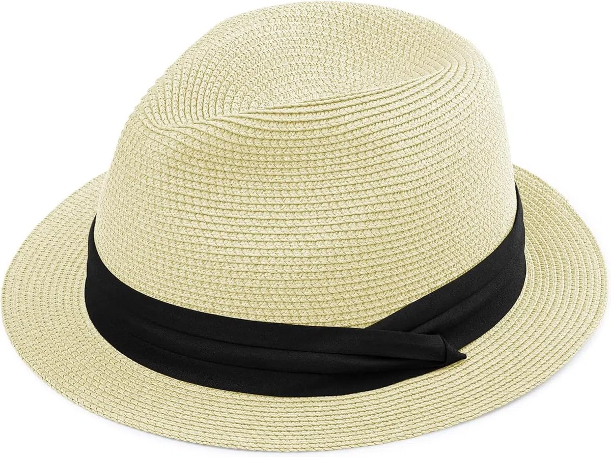 Sombrero Fedora Paja Panama Hombre Mujer con ala Corta Plegable Protección Solar UV UPF 50+ para Playa Verano, Crema, L