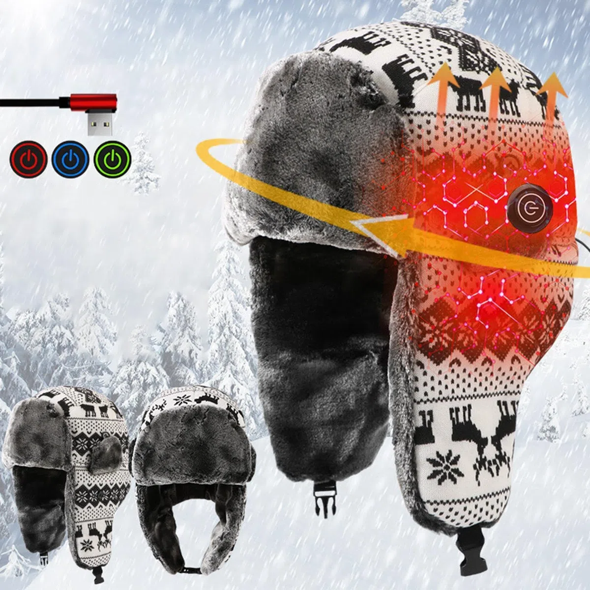 Gorro de trampolín de invierno, cálido y resistente al viento, con orejas, gorro de invierno con calefacción USB, para ciclismo, caminar, caminos, pesca, hombres, mujeres, adolescentes, él y ella