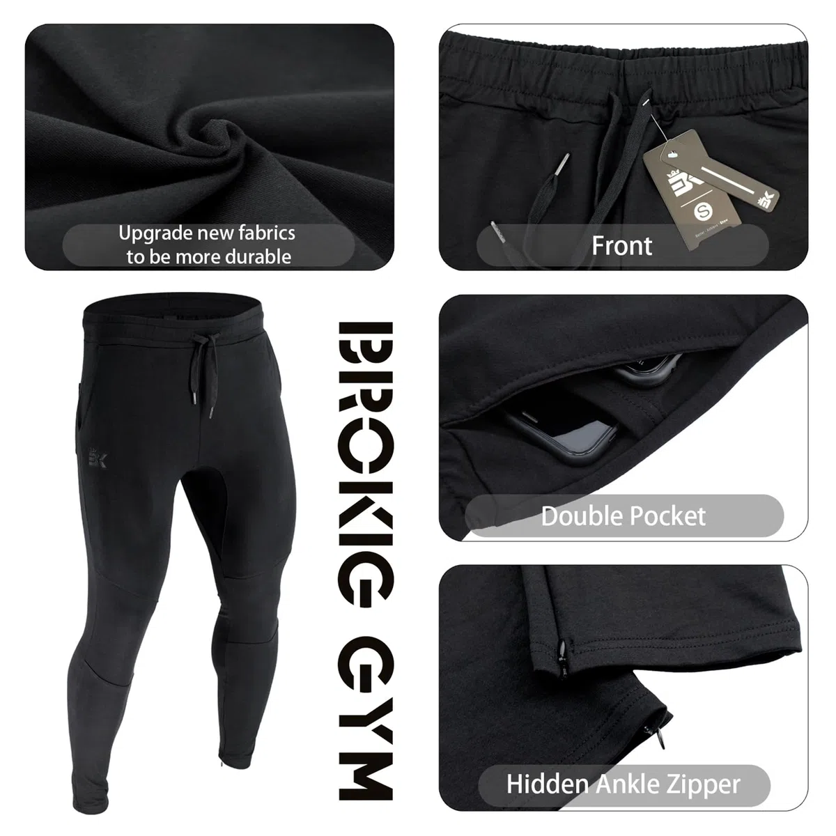 Brokig - Pantalones de deporte para hombre, corte ajustado, con bolsillos dobles