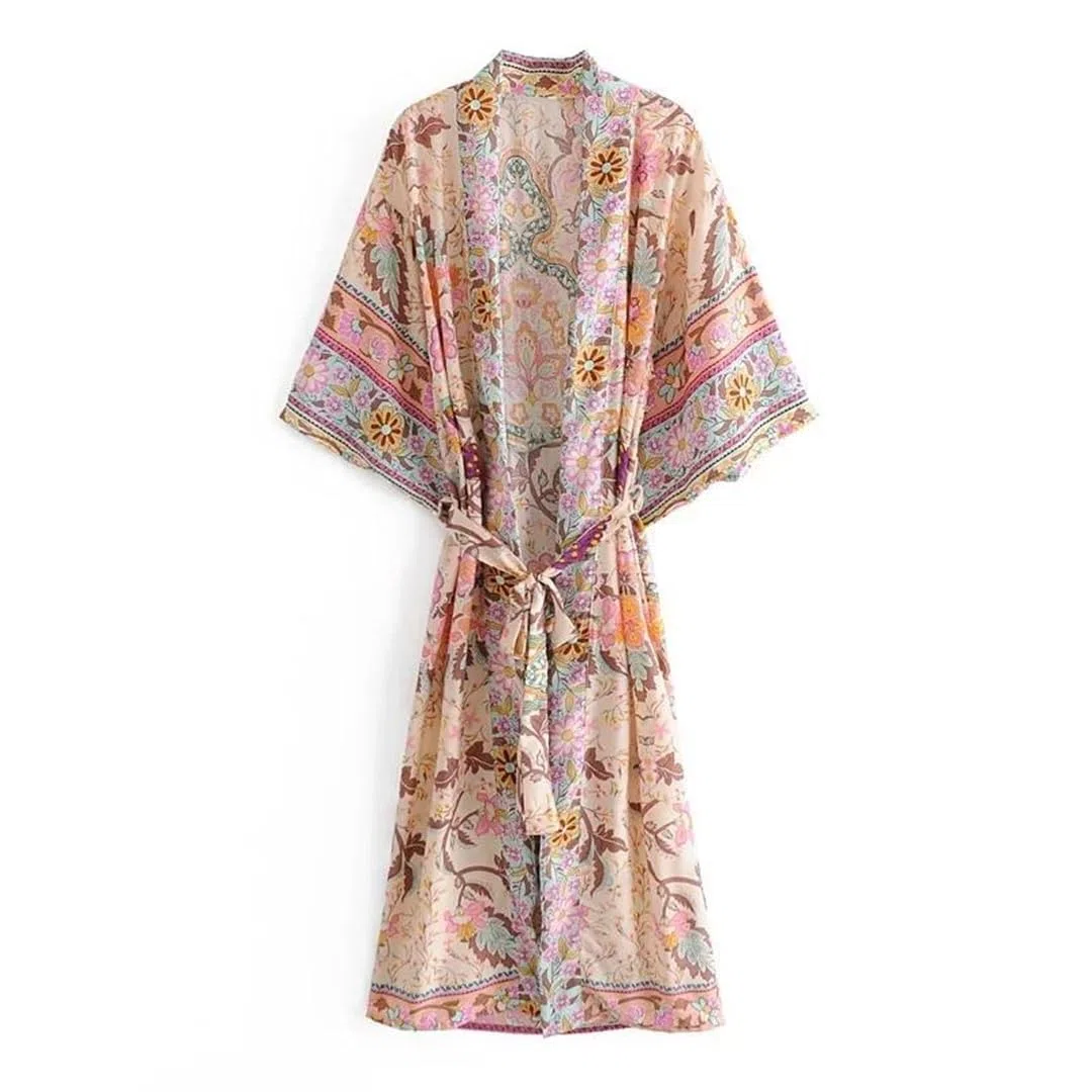Bata kimono bohemio con estampado de manga murciélago para mujer, cuello en V, para verano