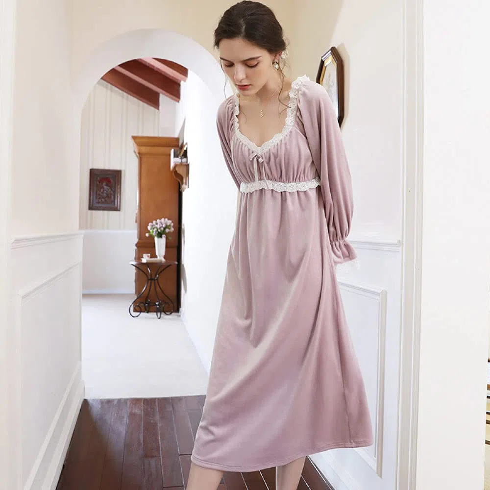 Camisón De Noche Para Mujer,Camisones De Mujer De Manga Larga Púrpura Sexy Moda De Encaje En V Profundo Camisón De Franela Suave Cuello En V Suelto Bata Informal Camisón Largo Ropa De Hogar De I