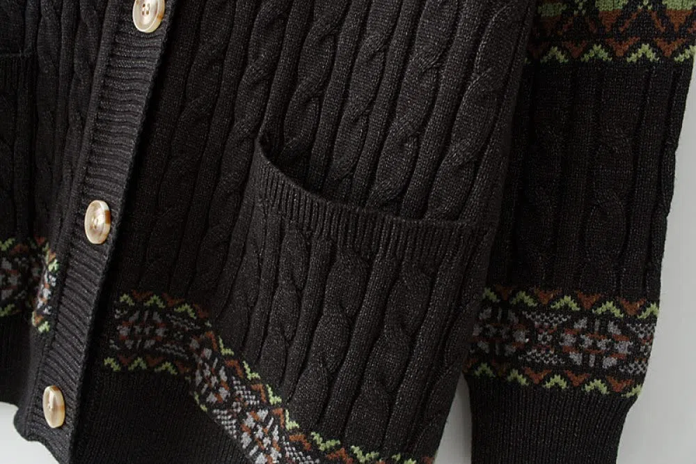 EIBA Chaqueta Mujer,Cárdigans De Punto para Mujer Vintage Étnico De Talla Grande Albaricoque Botón De Jacquard con Cable Suéteres Delanteros Abiertos Cárdigan con Bolsillo Otoño Invierno Abrigo De