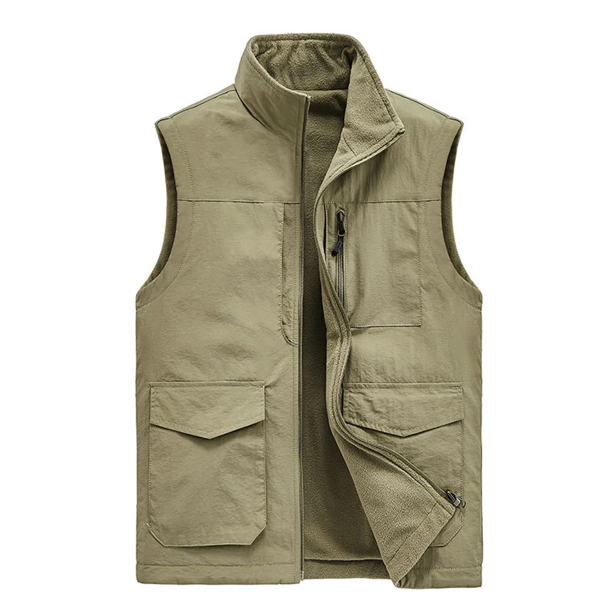 Chaleco reversible de forro polar para hombre, con múltiples bolsillos, para exteriores, casual, con cremallera, para pesca, reporteros, fotografía, viaje, caqui, XXL