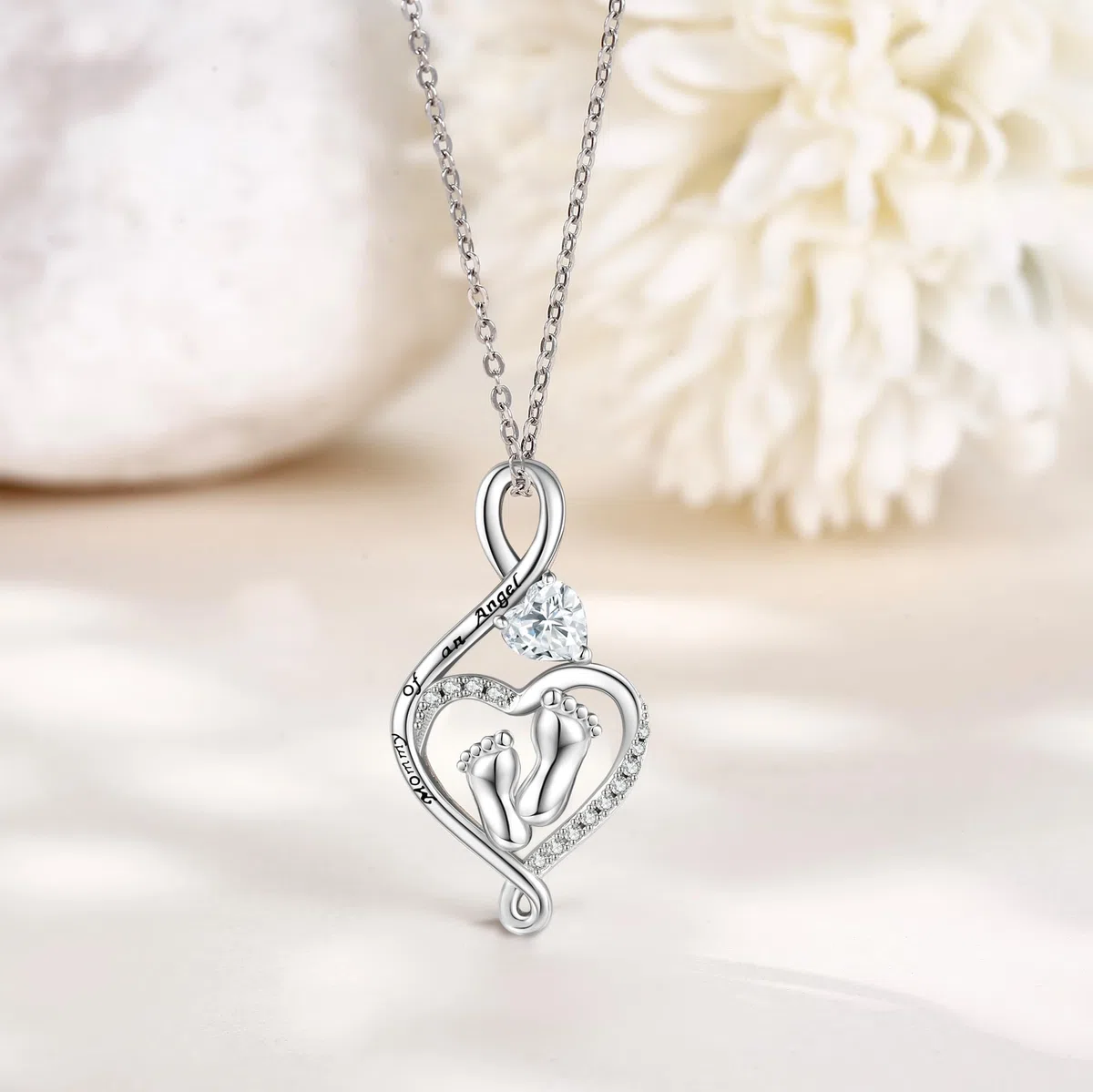 Collar de plata de ley con colgante de mamá de un ángel con pies de bebé, pérdida del embarazo, joyería conmemorativa para mujer, Plata esterlina