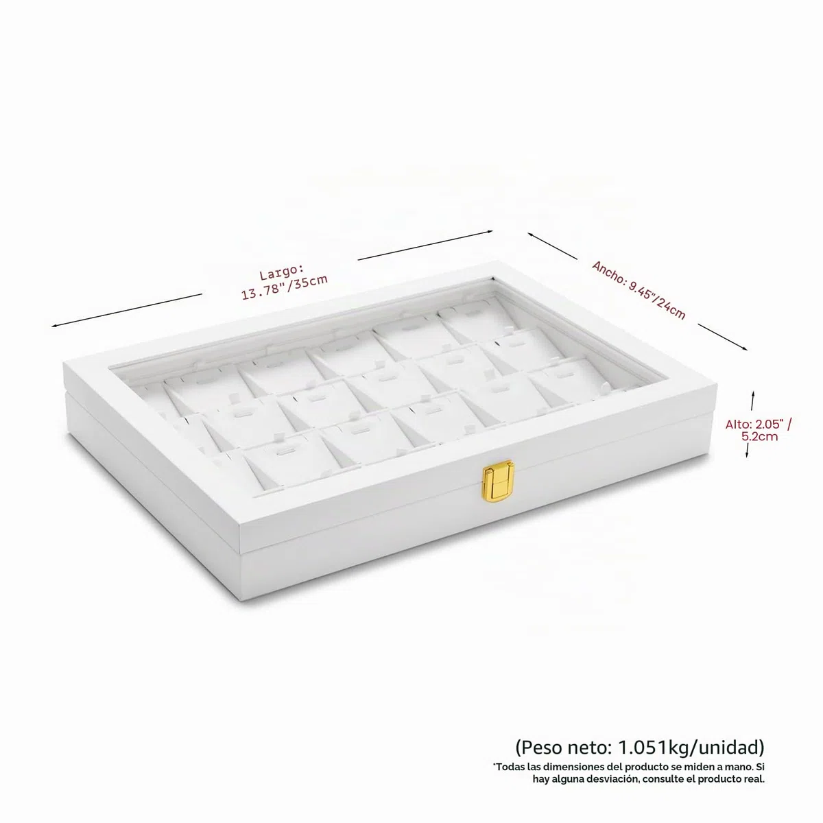 Bandeja Para Collares con 24 Compartimentos Caja de Almacenamiento de Cuero con Tapa Transparente Joyero con Cerradura para Varios Collares y Colgantes Adecuado para Mujeres y Niñas Blanco