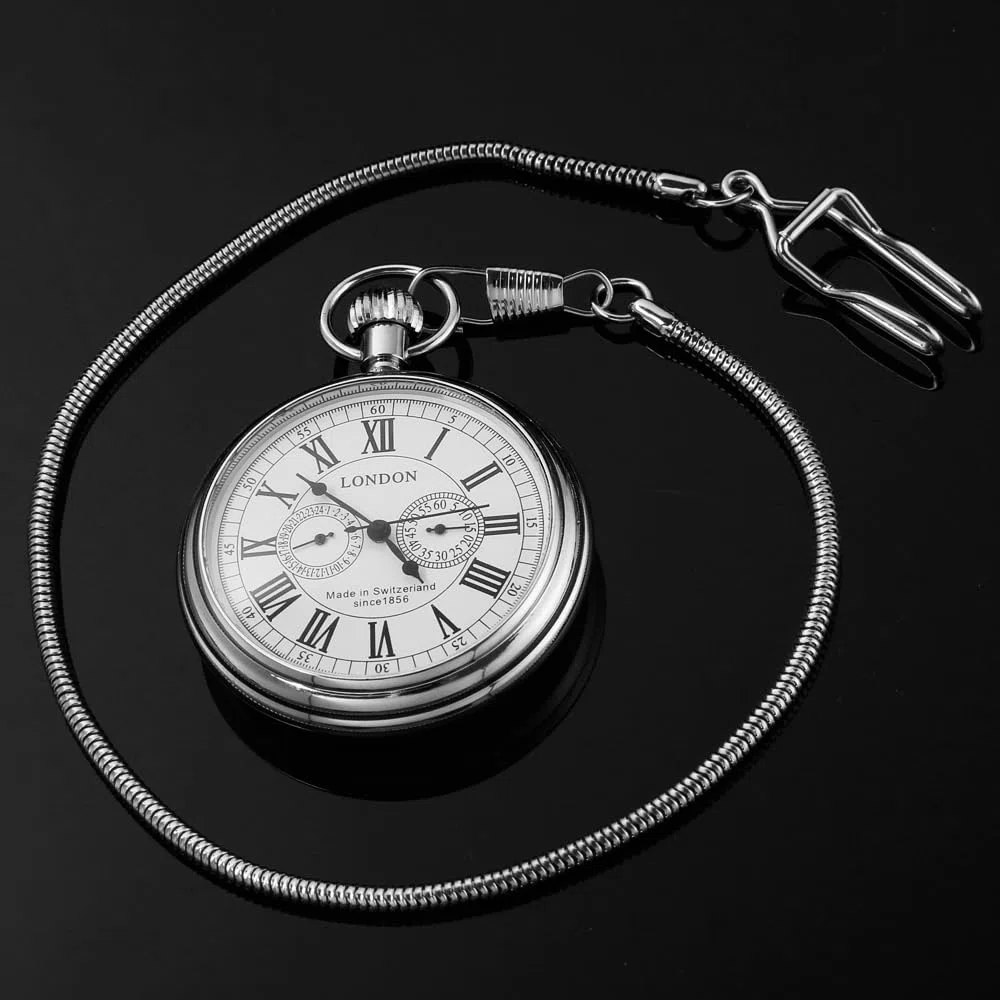 Reloj de bolsillo mecánico de acero inoxidable con diseño de tren de Londres, estilo vintage, con cadena