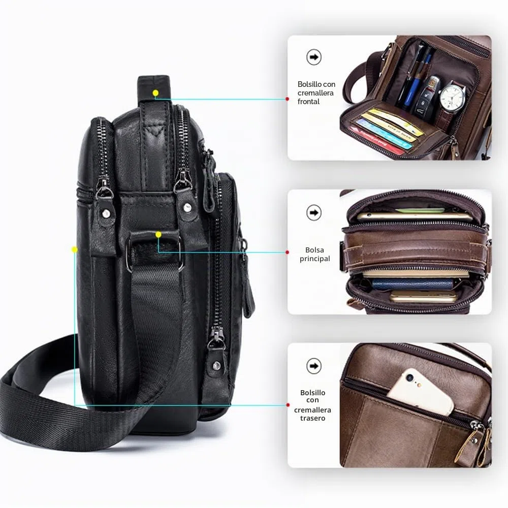 pundarika Bolso de hombro pequeño de cuero genuino para hombre, bolsas de hombre para hombre, bolso cruzado, bolsa de mensajero, correa de hombro ajustable.