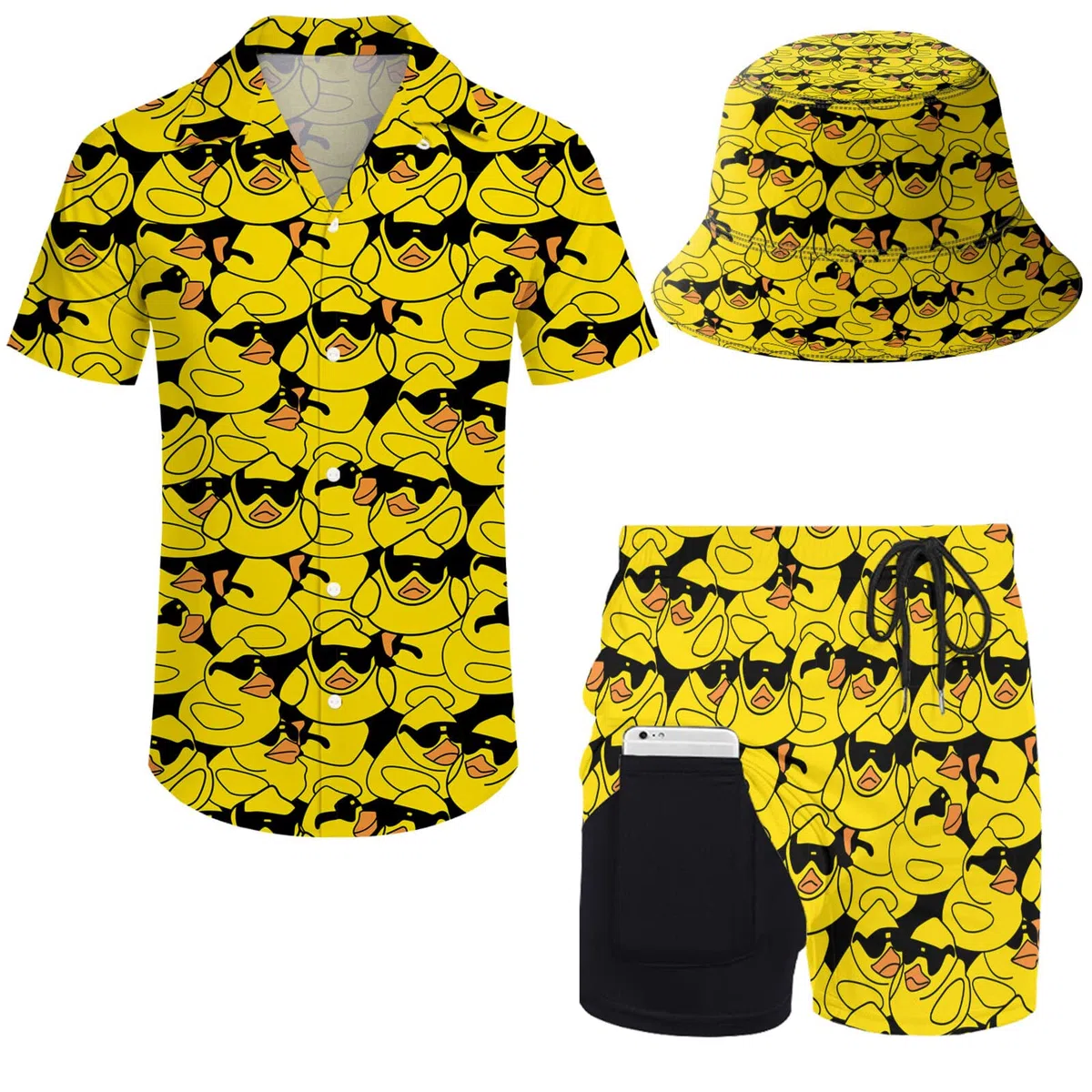 Conjunto de 2 piezas para hombre, camisa hawaiana con botones y pantalones cortos de compresión con sombreros de pescador