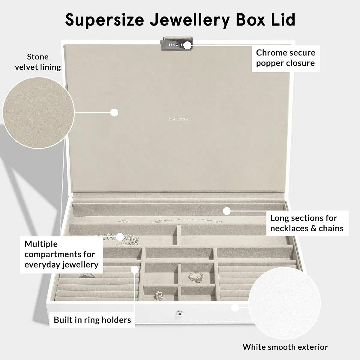 STACKERS super-size | caja de la joyería organizador con tapa, blanco con forro de terciopelo gris