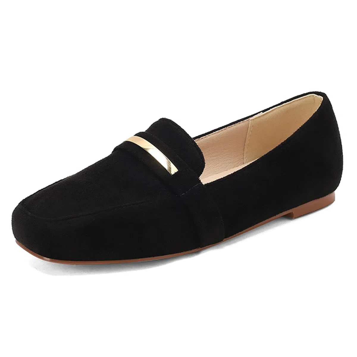 Mocasines Barra Metal Oro Mujer Ante Punta Cuadrada Planos Slip-On