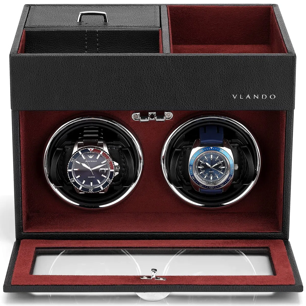 Vlando Vitrina Automática para 2 Relojes, Caja Giratoria de Cuero con Almacenamiento de Joyas, Motor Silencioso Japonés, Iluminación LED, Adaptador de Corriente Alterna, Caja de Movimiento de Relojes
