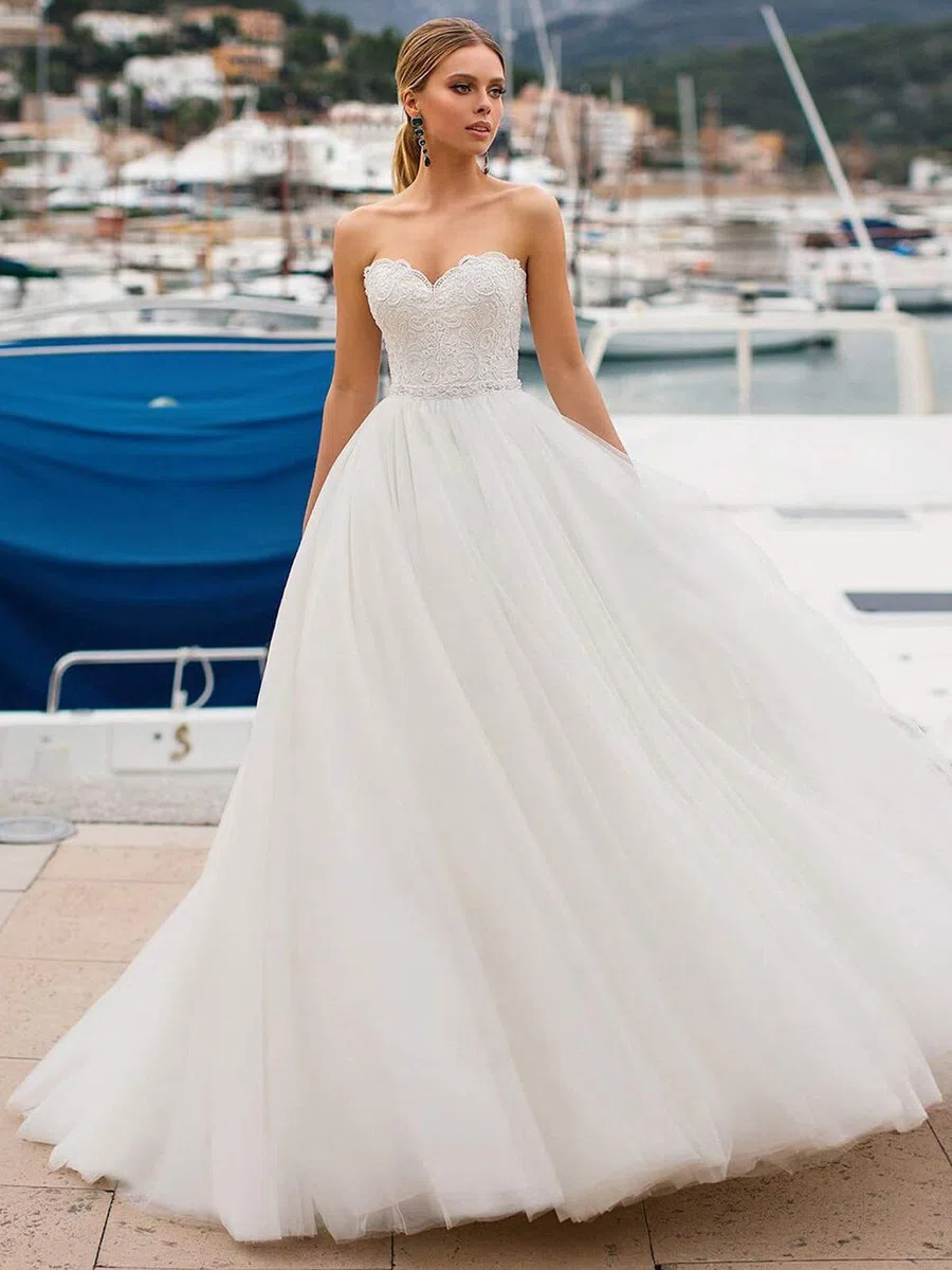 Vestido de Novia de Tul Largo de la Princesa Retro Vestido de Novia sin Tirantes para Hombros Vestido de Novia Elegante para Mujeres, Blanco, 46