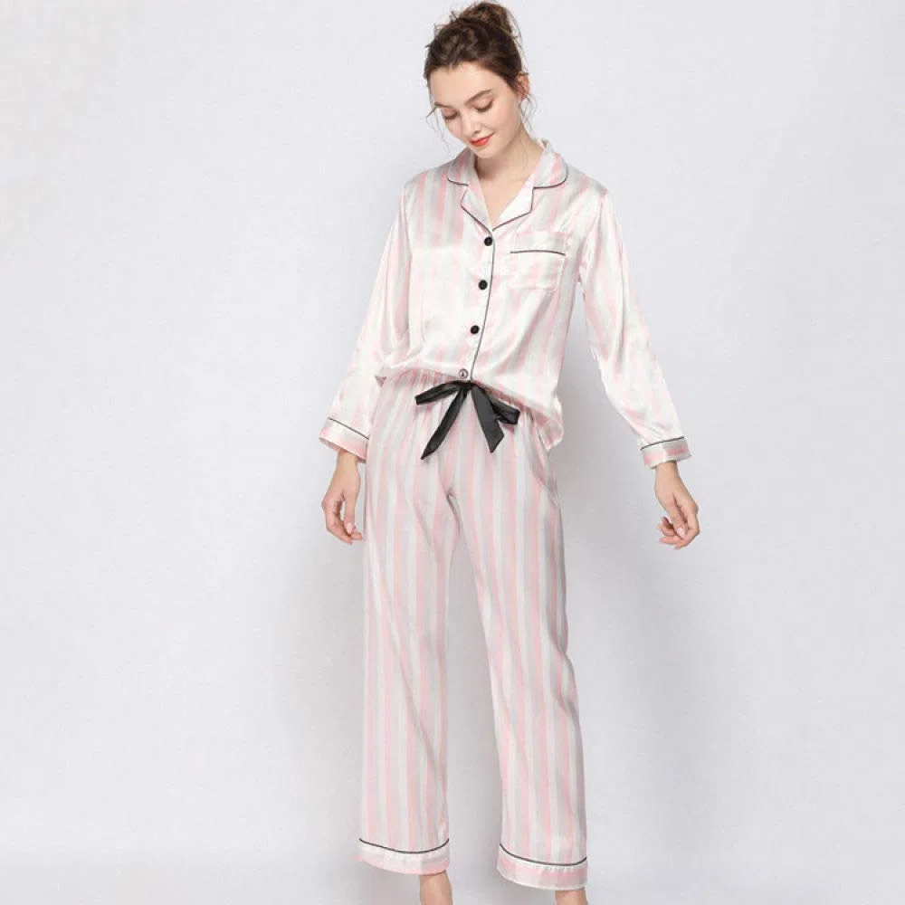 Pijamas De Mujer,Pijamas De Satén De Seda Sexy Con Cuello En V Rayas Rosas Manga Larga Con Botones Ropa De Dormir Ropa De Dormir Conjuntos De Pijamas Finos Y Suaves Ropa De Hogar Informal,Rosa,S