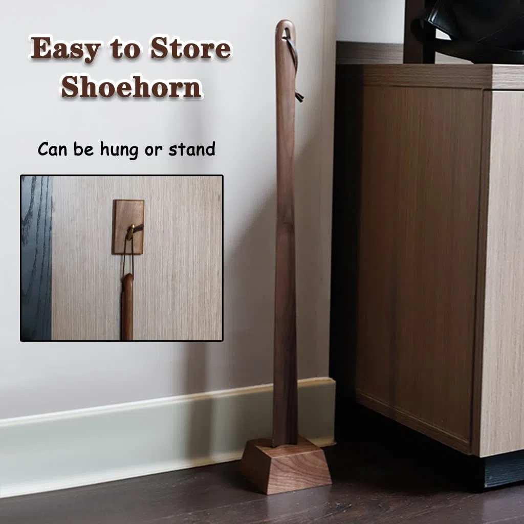 Calzador largo de madera de haya para zapatos, calzador duradero de nogal negro con base estable para un uso y extracción sin esfuerzo, varios