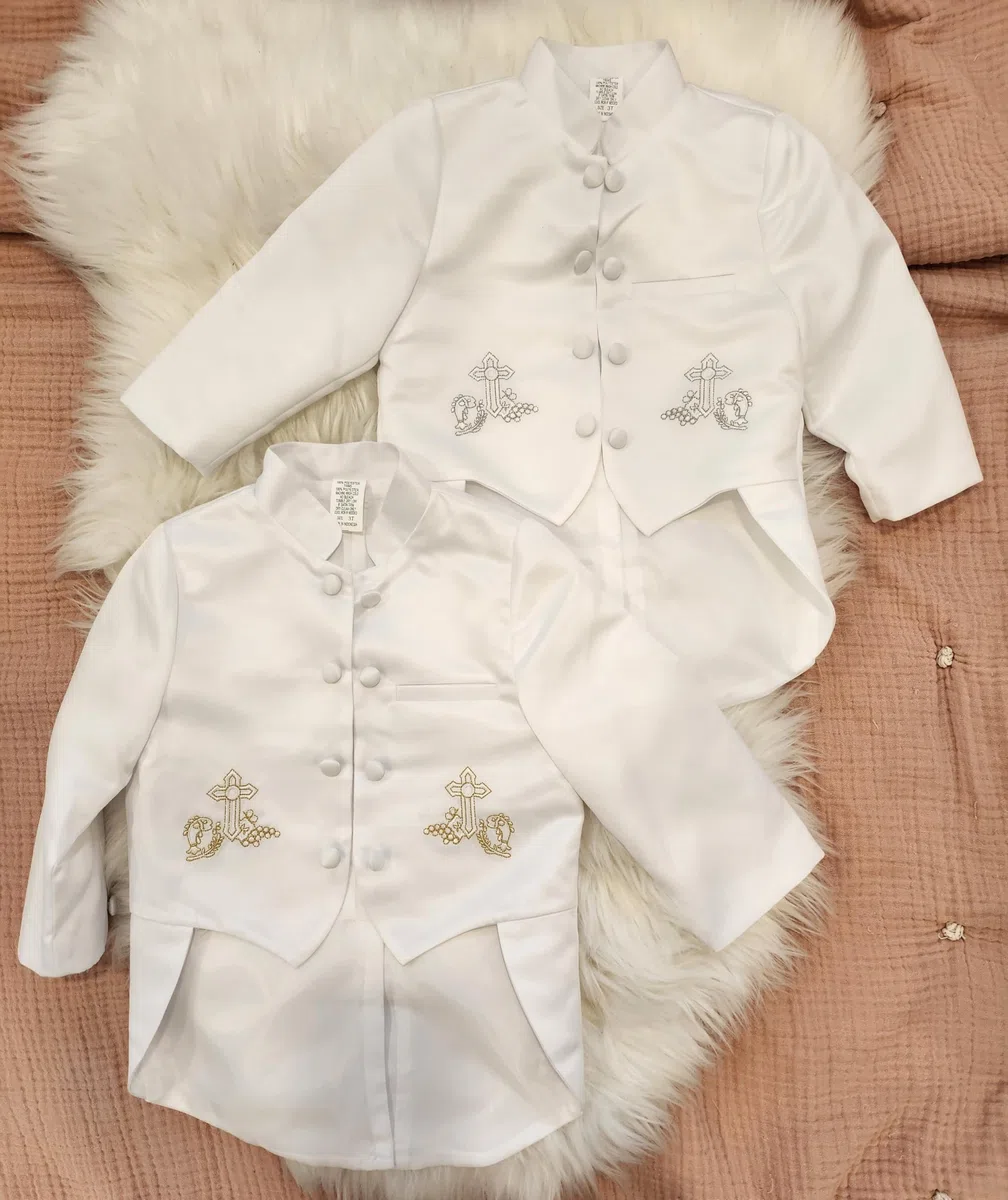 iGilrDress - Collar de mandarina para bautizo, color blanco, 5 piezas, esmoquin con bordado en cruz