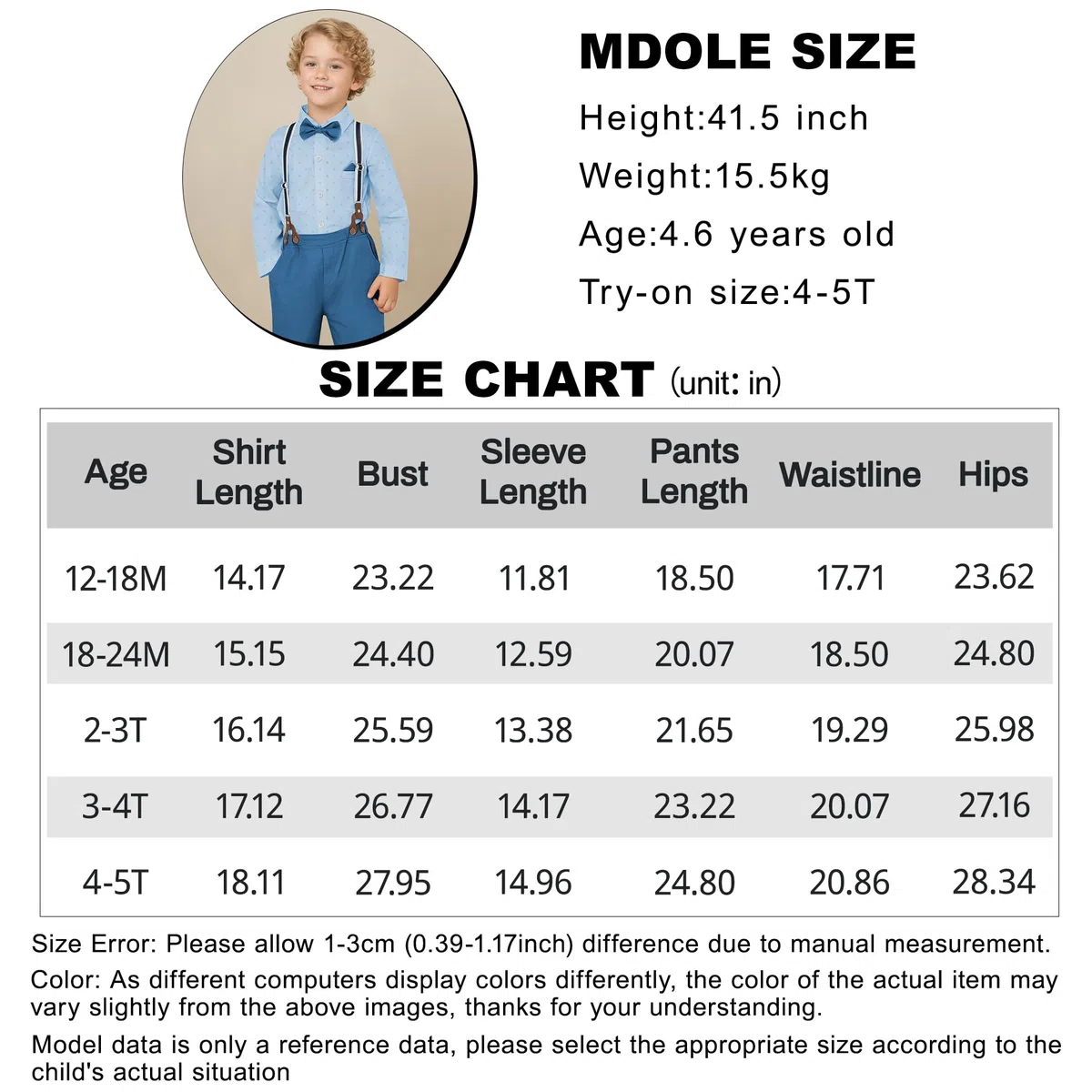 CARETOO Ropa para niños pequeños, trajes de boda para caballeros, trajes formales para niños, camisa de vestir con corbatín, pantalones largos, overoles 1-5T