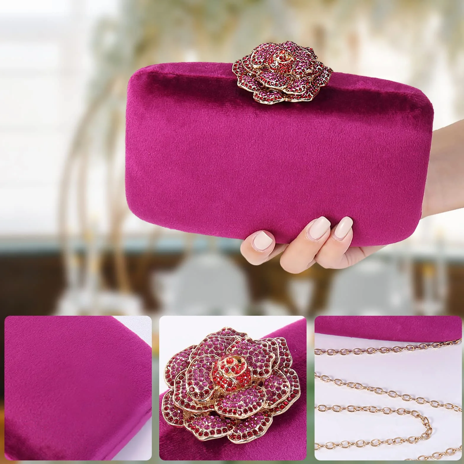 CORIOS Bolso Fiesta para Mujer Terciopelo Bolso de Noche Bolsa de Cadena Brillante Bolso de Hombro Boda Cartera de Mano Elegante Bolso Bandolera para Fiesta de Graduación Banquete Boda Rosa