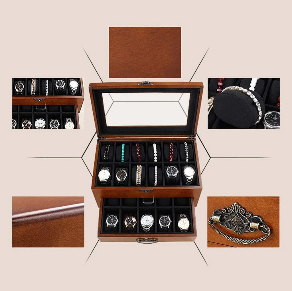 Caja de reloj de madera de 2 niveles para hombre, con cajón de exhibición de joyas, con cerradura, organizador de relojes con ventana transparente para 22 relojes