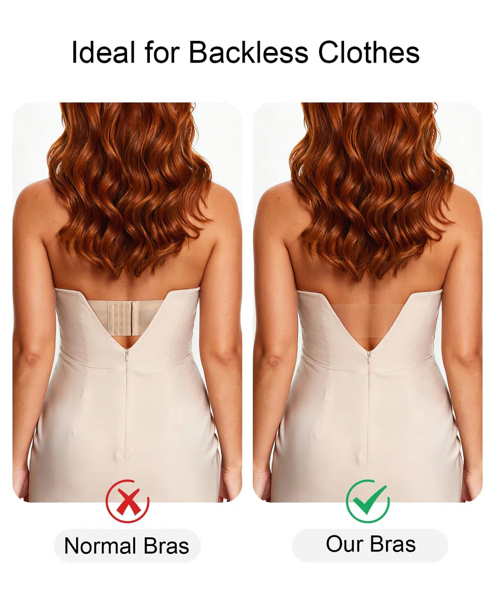 YANDW - Sujetador sin tirantes, ligeramente acolchado, cobertura completa, espalda transparente, tirantes invisibles, sin espalda, para mujer