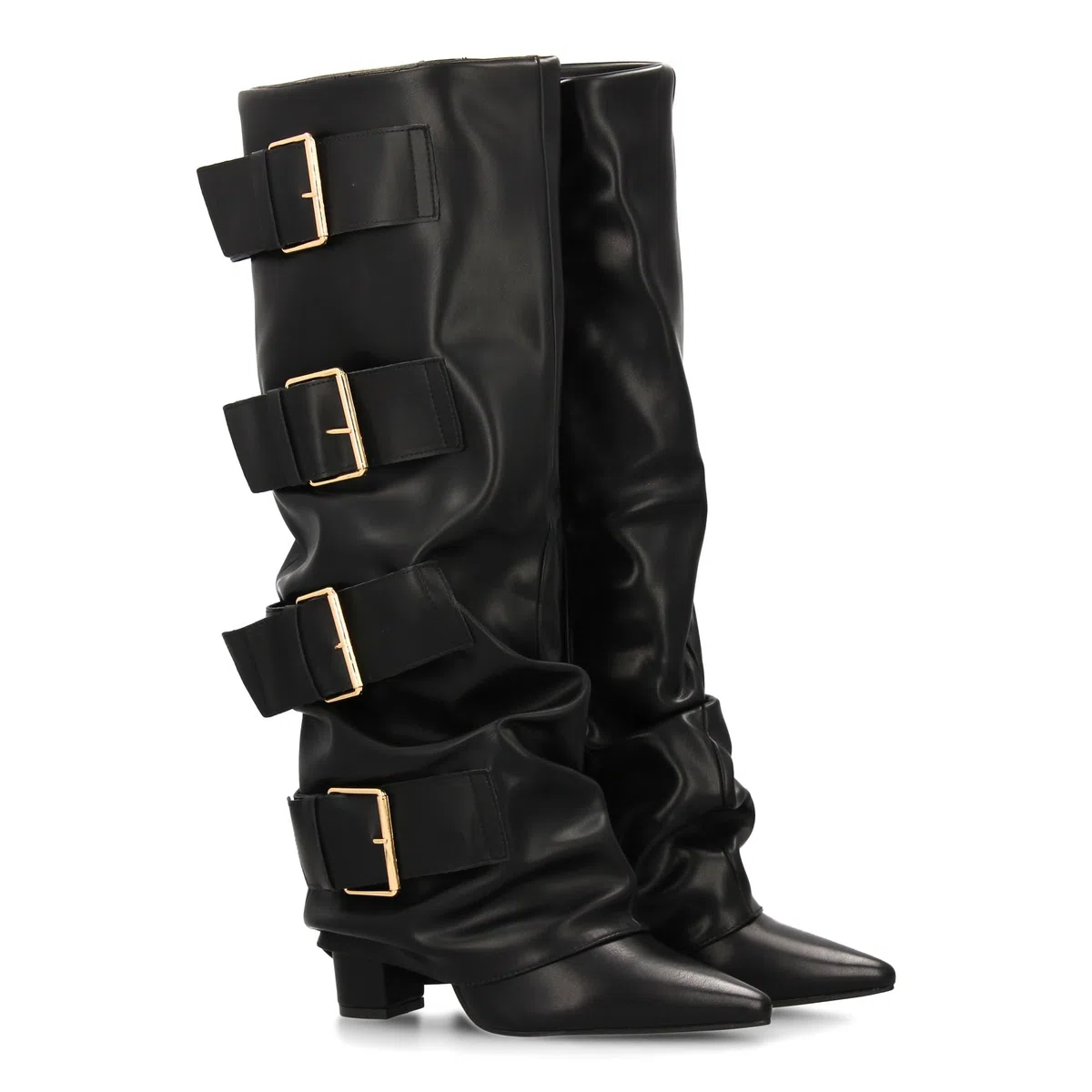 Botas Altas para Mujer con Hebillas y Efecto de Forro. Punta Fina y Tacon Comodo, Estilo Moderno y Elegante, Ideal para la Temporada Otono Invierno.