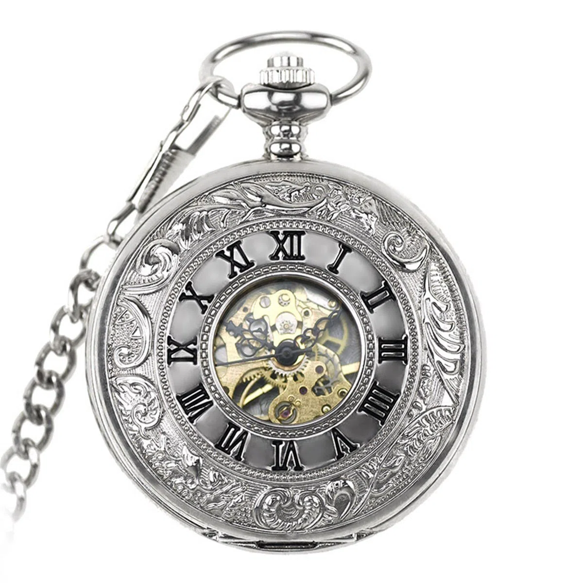 Relojes de Bolsillo, Relojes de Bolsillo mecánicos con números Romanos, Esfera 96, Esqueleto, Doble Cubierta Abierta, Cadenas, Regalos cumpleaños y graduación