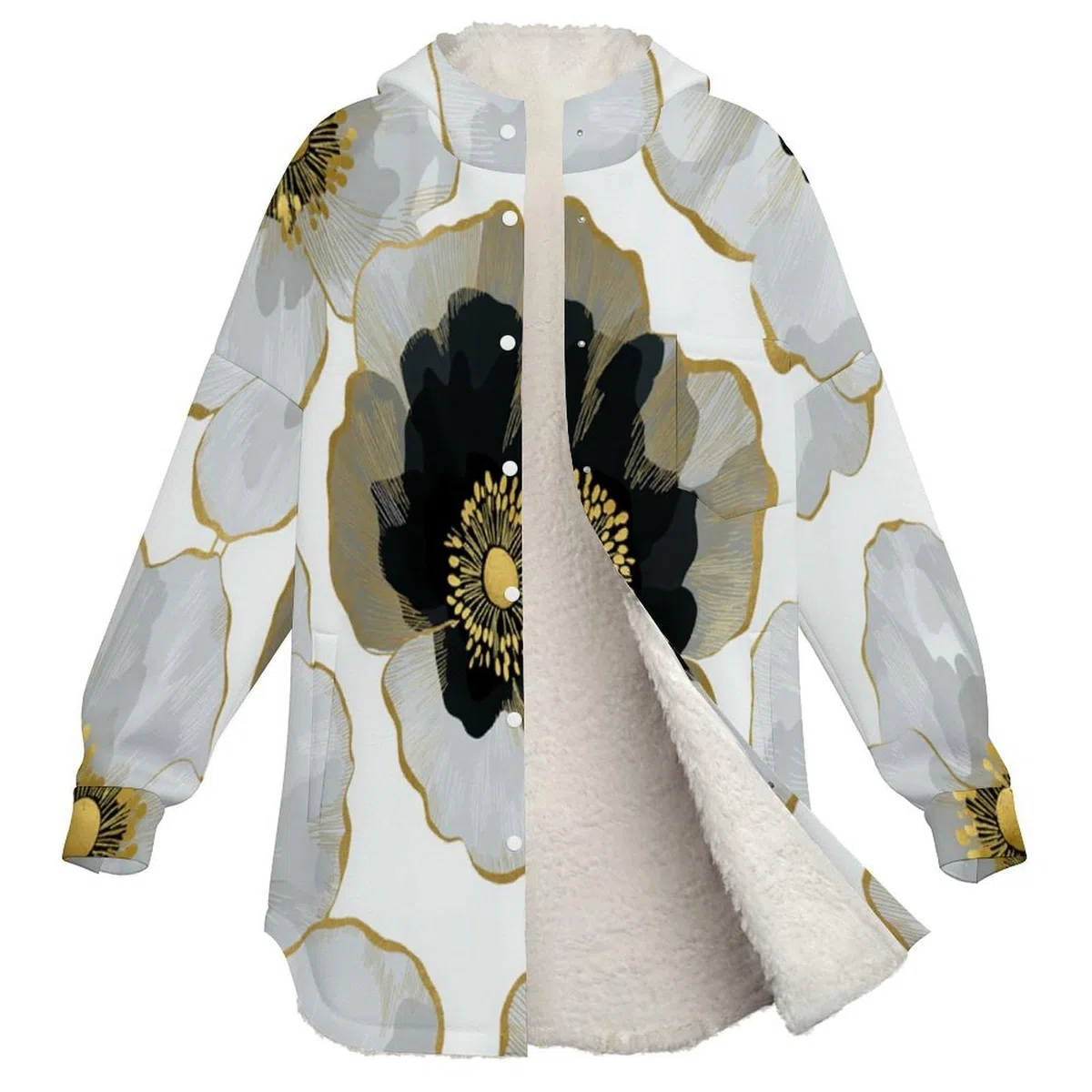 Sudadera Invierno con Capucha de Forro Polar Mujer Amapola Blanca Y Negra Cálido Hoodies a Manga Larga Felpa Sudadera con Bolsillos, Gris