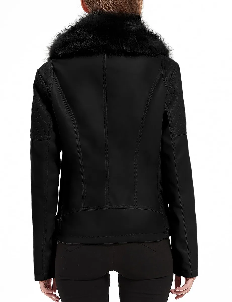 Giolshon Chaqueta de Cuero de Gamuza Sintética para Mujer, Abrigo Cálido de Motorista de Motocicleta de Invierno con Cuello de piel
