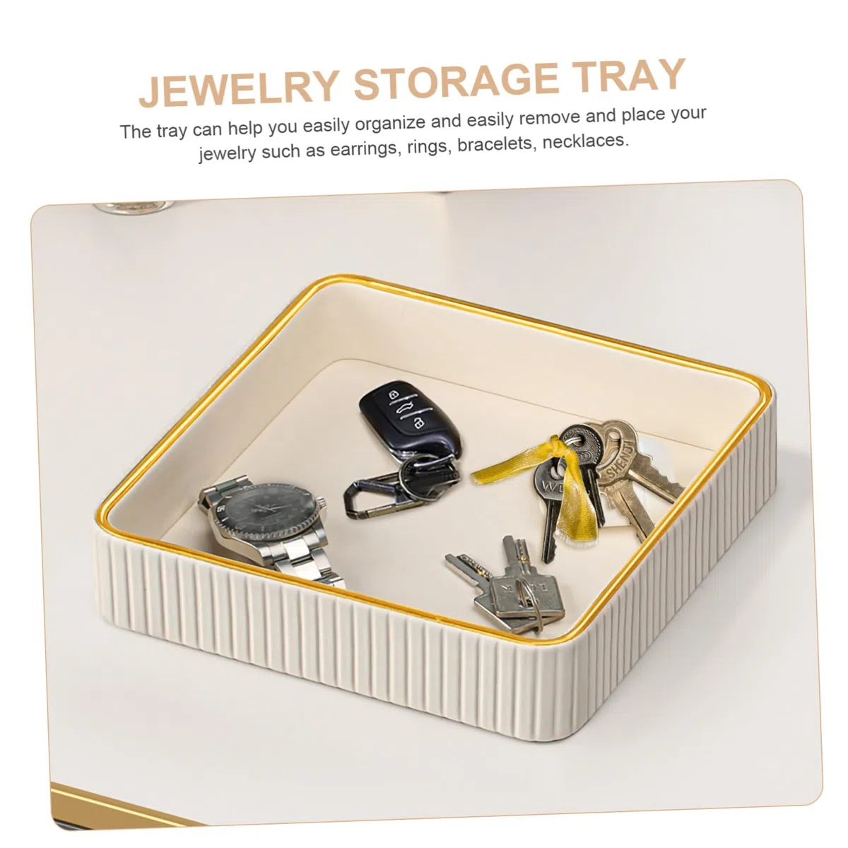 Toyvian Bandeja Cuadrada de Cuero Blanco Borde Dorado Fácil de Limpiar para Llaves y Joyas Adecuado para Tocador y Sala Moderna