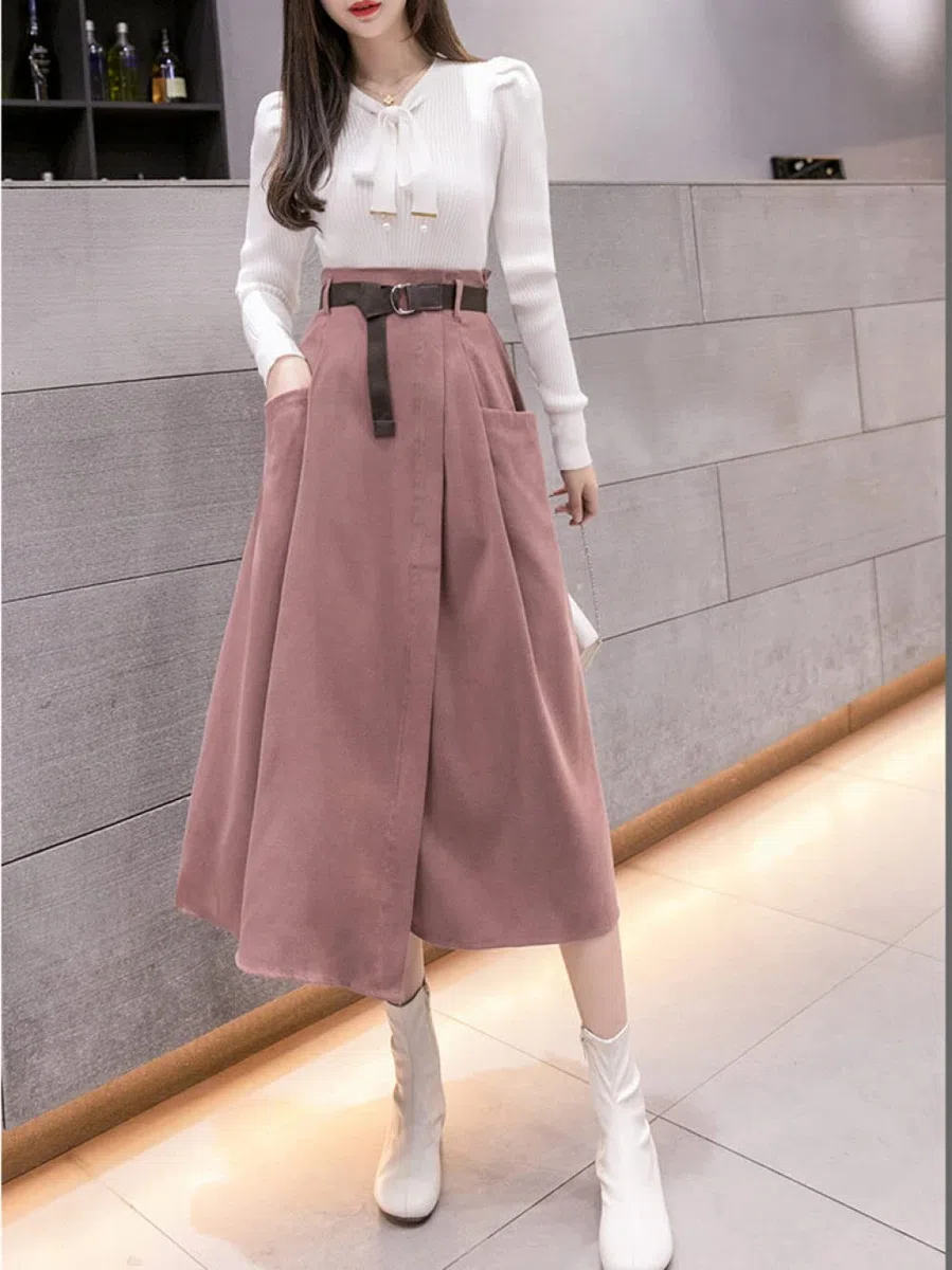 Faldas De Invierno para Mujer, Falda De Invierno Rosa para Mujer Cintura Elástica Falda Midi De Talle Alto con Bolsillos Cinturón Faldas Fruncidas Informales El(As Shown M)